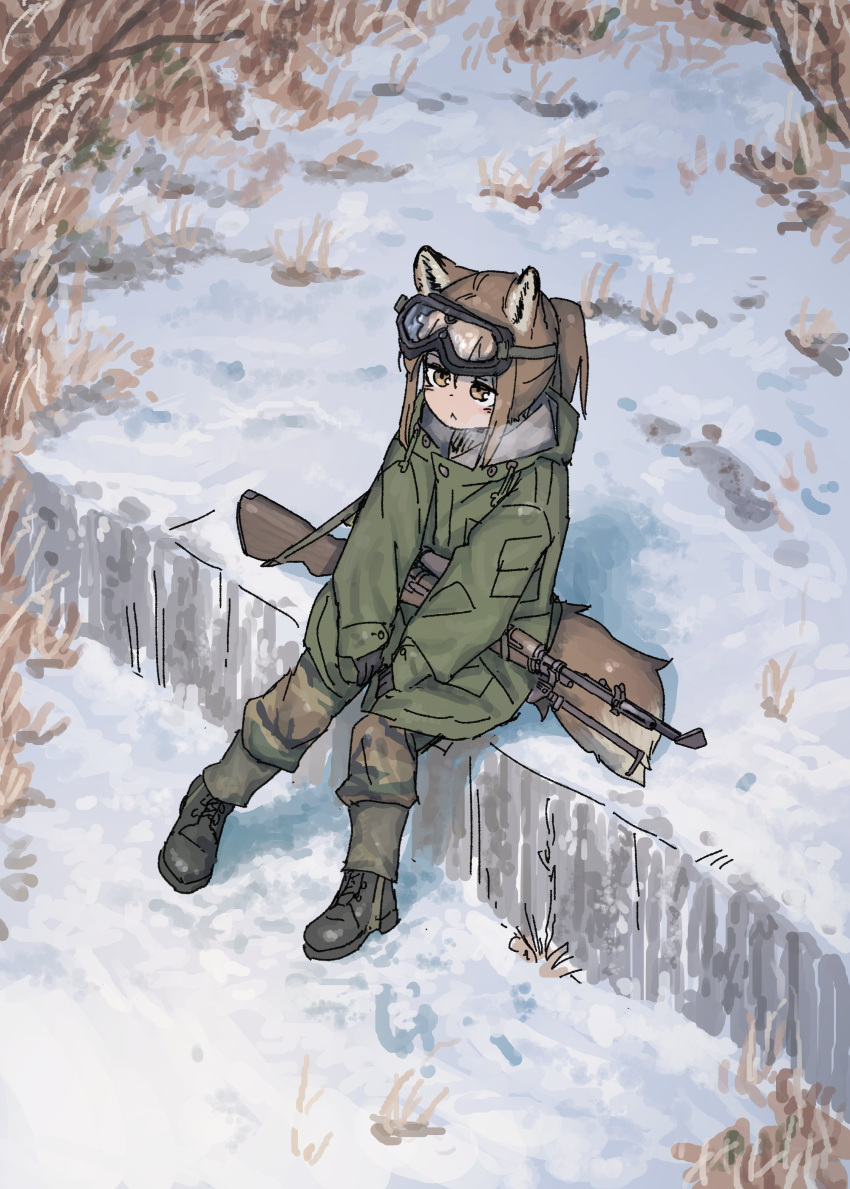 1girl, :<, absurdres, animal_ears, boots, brown_eyes, brown_hair, camouflage
