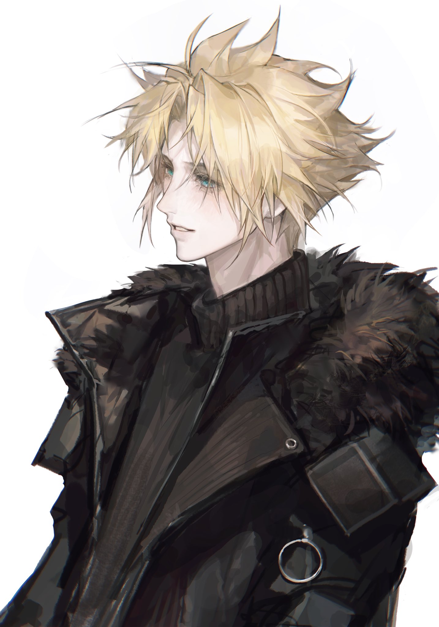 1boy, alternate_costume, aqua_eyes, black_coat, black_sweater, blonde_hair, chengzi_yucol, cloud_strife