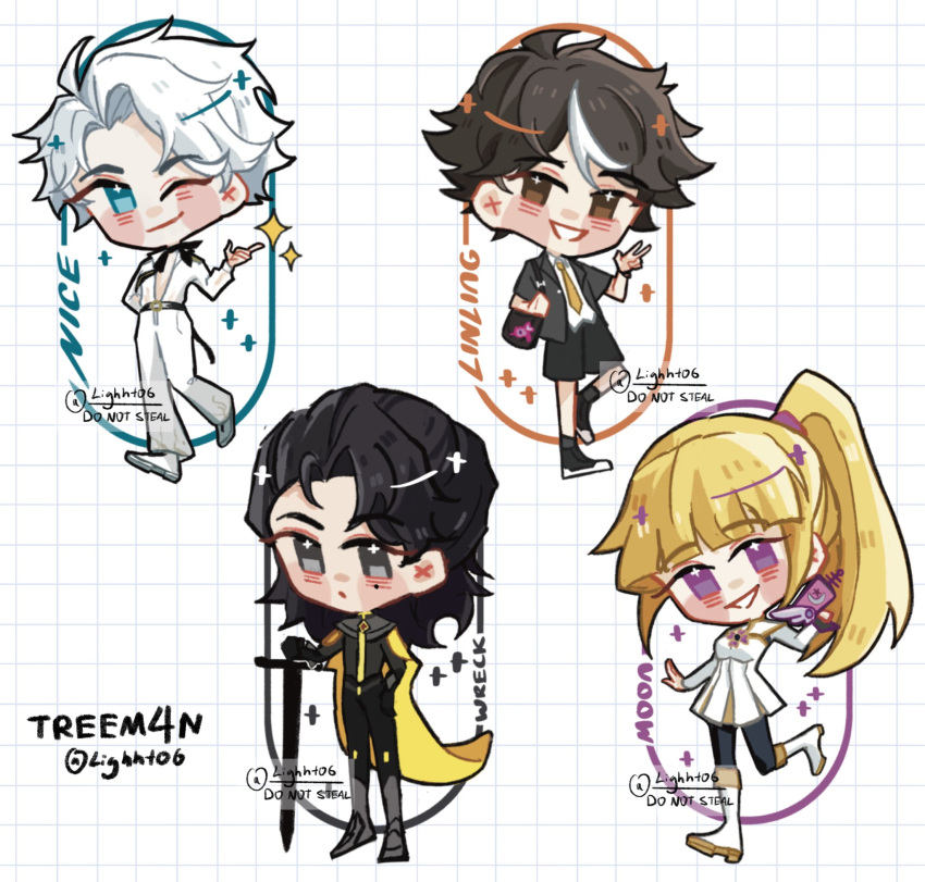 1girl, 3boys, :d, ;), arm_behind_back, belt, black_eyes, black_hair, blonde_hair, blue_eyes, blunt_bangs, bodysuit, boots, brown_eyes, cape, character_name, chibi, chibi_only, dress, full_body, grid_background, hand_on_own_hip, high_ponytail, highres, holding, holding_sword, holding_weapon, lighht06, lin_ling_(to_be_hero_x), moon_(to_be_hero_x), mullet, multiple_boys, necktie, nice_(to_be_hero_x), one_eye_closed, planted, planted_sword, ponytail, short_hair, single_hair_streak, smile, snapping_fingers, sparkle, standing, sword, to_be_hero, to_be_hero_x, v, violet_eyes, walking, weapon, white_bodysuit, white_dress, white_hair, wreck_(to_be_hero_x), yellow_cape, yellow_necktie