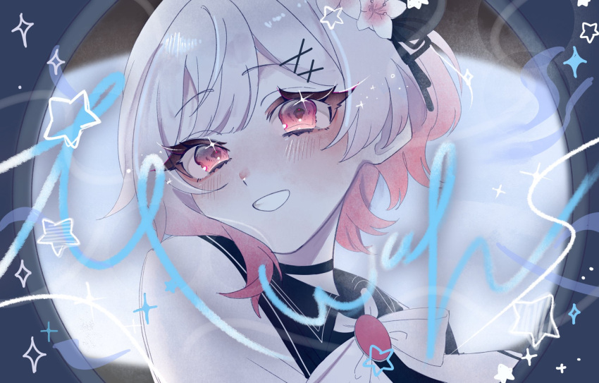 1girl, beret, black_hat, commentary_request, derivative_work, flower, gradient_hair, grin