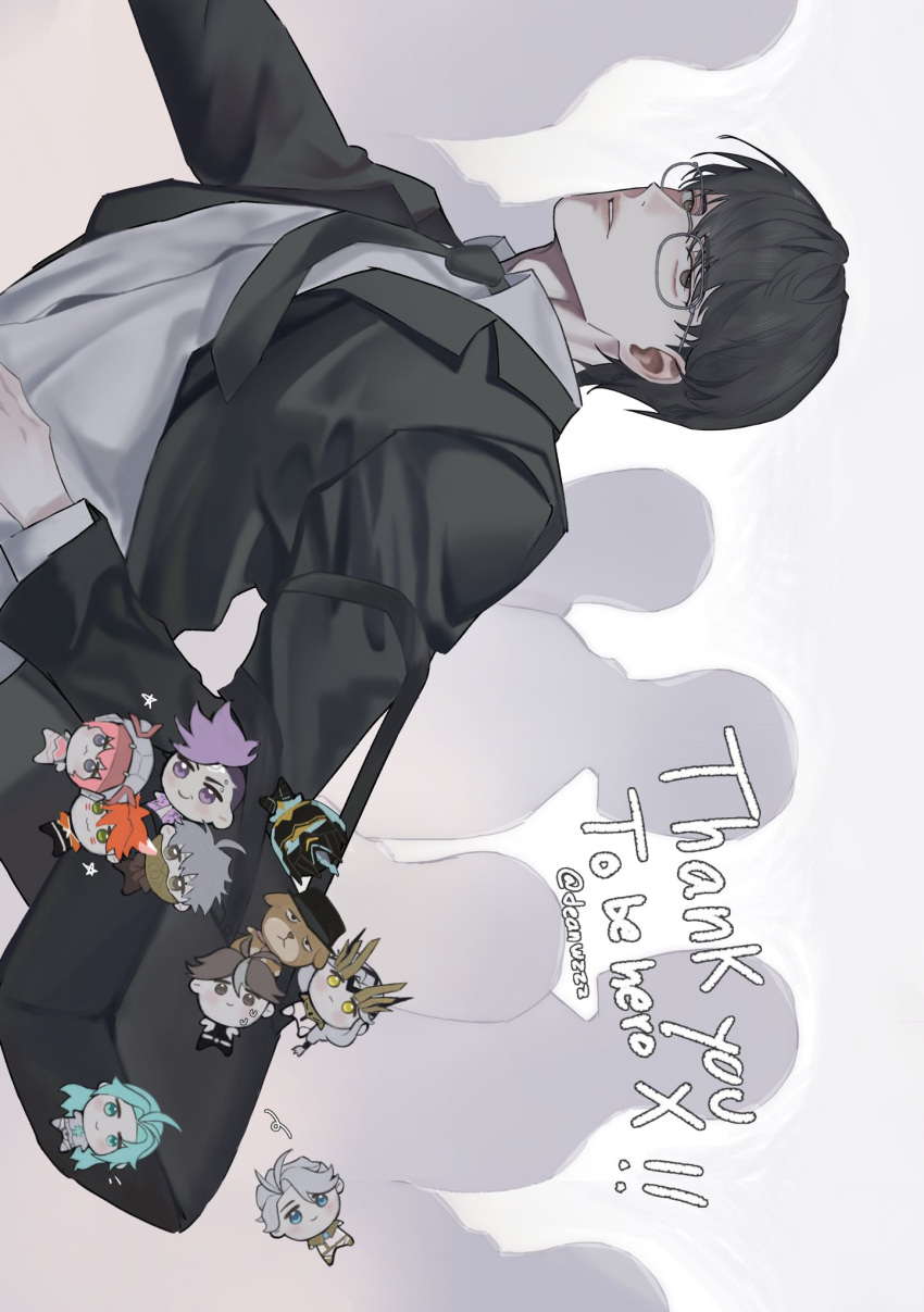 1boy, ahu_(to_be_hero_x), bag, black_coat, black_hair, black_necktie, character_pin, coat