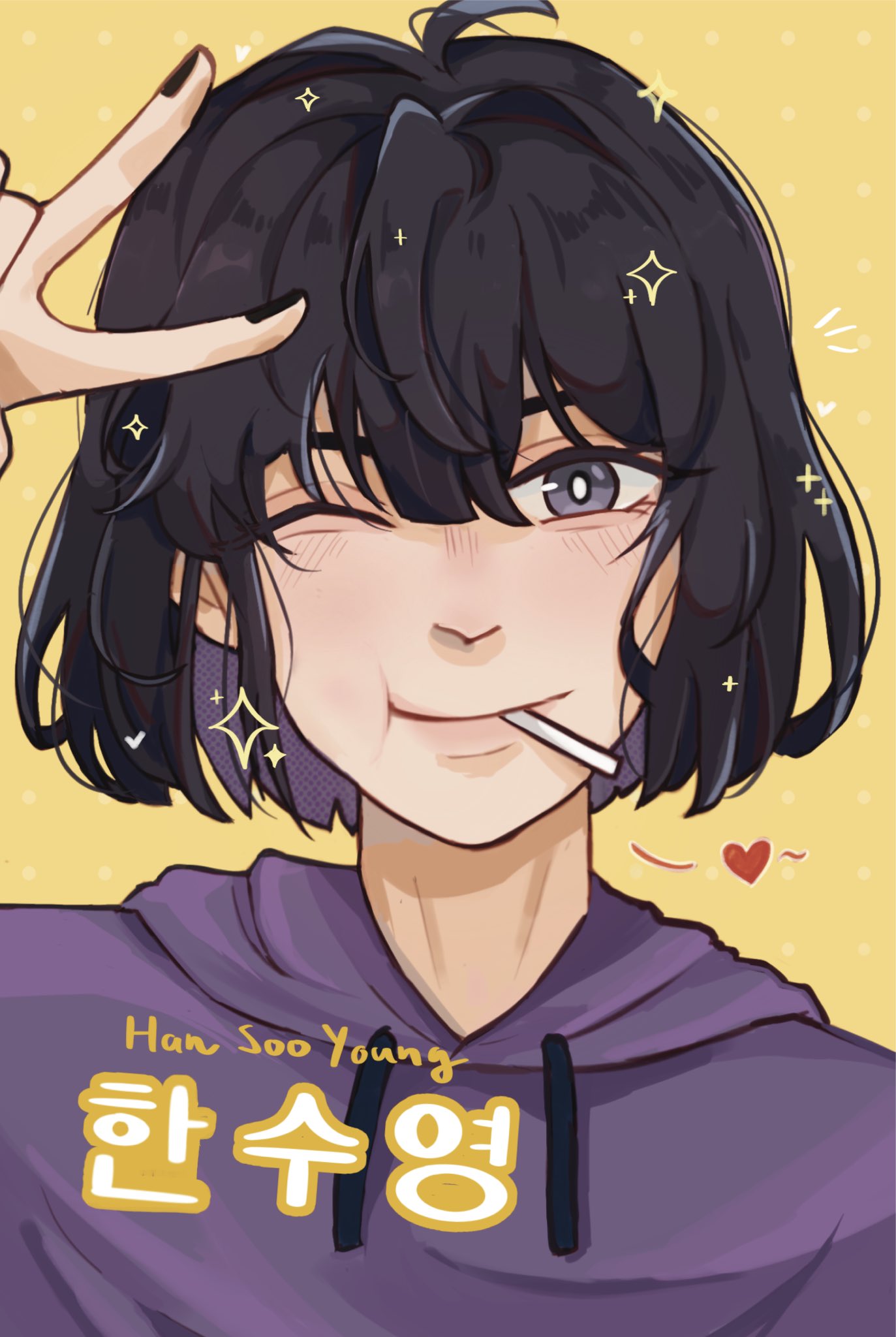 1girl, ;), black_hair, bob_cut, colored_inner_hair, han_sooyoung, hand_up, head_tilt, heart, highres, hood, hood_down, hoodie, lighht06, lollipop_in_mouth, looking_at_viewer, multicolored_hair, omniscient_reader's_viewpoint, one_eye_closed, portrait, purple_hoodie, short_hair, smile, solo, sparkle, v, violet_eyes