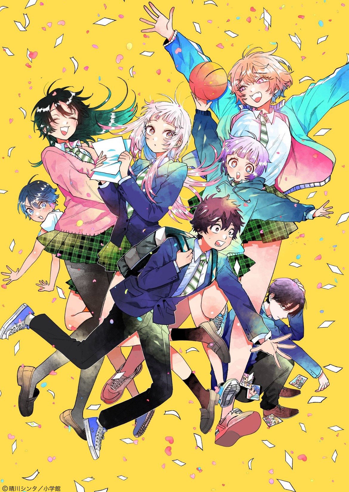 2boys, 4girls, bag, black_hair, blush, breasts, brown_eyes, brown_hair