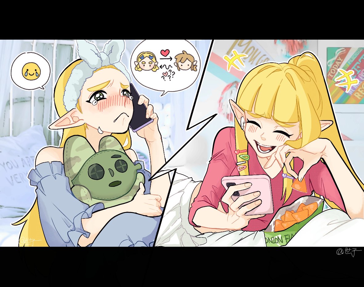 2girls, bare_shoulders, black_border, blonde_hair, blunt_bangs, blush, border, character_doll