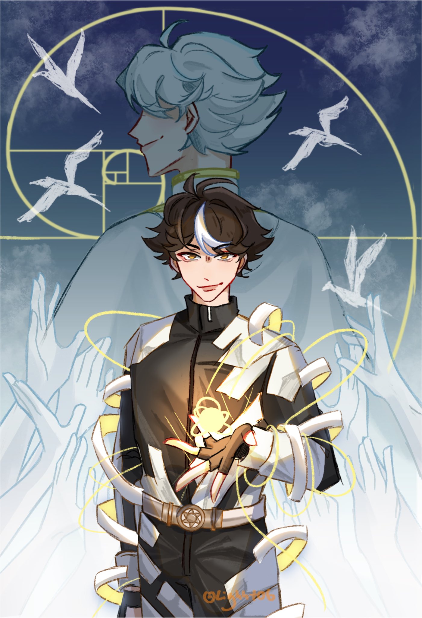 2boys, ahoge, belt, bird, black_gloves, brown_eyes, brown_hair, cape