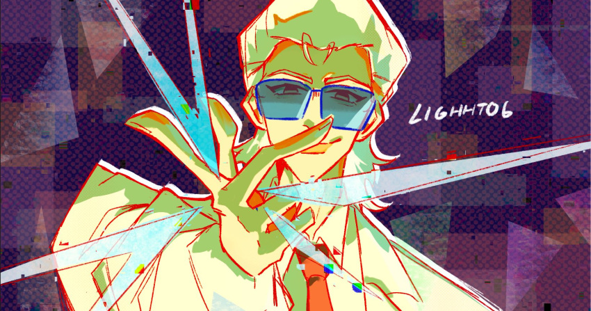 1boy, blue-tinted_eyewear, coat, collared_shirt, distortion, glitch, hair_slicked_back, highres
