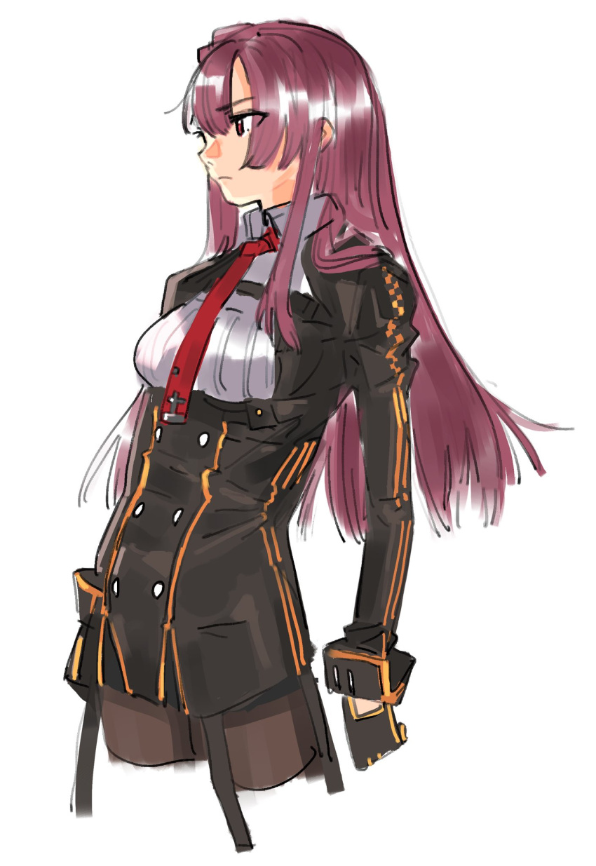 black_pantyhose, framed_breasts, from_side, girls_frontline, half_updo, highres, necktie, one_side_up