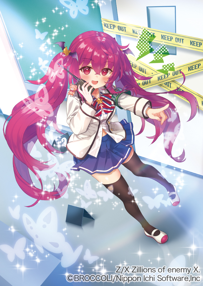 1girl, armband, bat_hair_ornament, black_thighhighs, black_trim, blazer, blue_skirt, bow