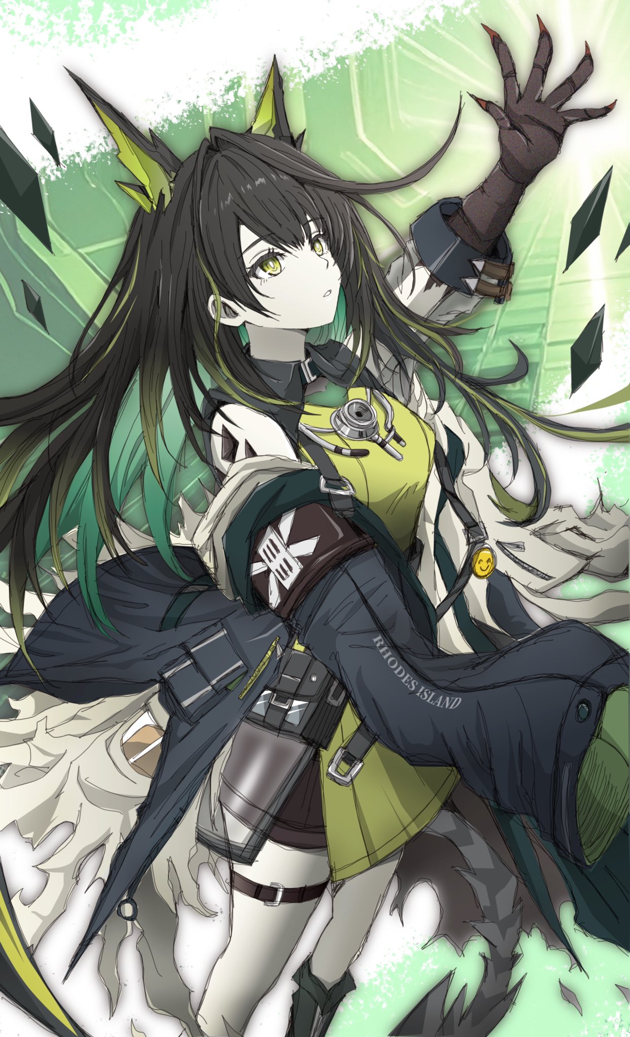 1girl, animal_ears, arknights, black_hair, cat_ears, claws, coat, dress