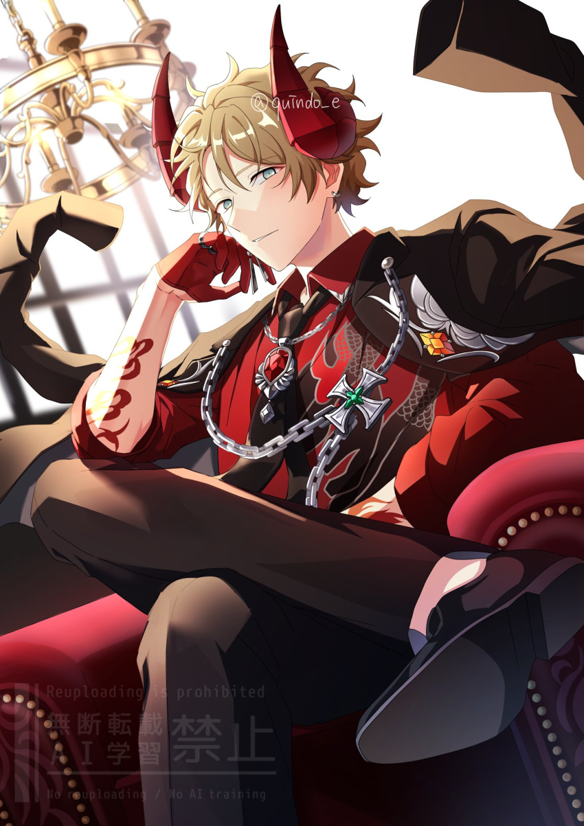 1boy, arm_tattoo, black_necktie, black_pants, black_shoes, brown_hair, chair, chandelier, coat, coat_on_shoulders, collared_shirt, commentary_request, cosplay, crossed_legs, demon_horns, dominant_(ensemble_stars!), earrings, ensemble_stars!, gloves, hand_up, highres, horns, jewelry, kindo, looking_at_viewer, male_focus, mikejima_madara, mikejima_madara_(cosplay), necklace, necktie, on_chair, pants, parted_lips, red_gloves, ring, shirt, shoes, short_hair, sitting, solo, takamine_midori, tattoo, three-quarter_sleeves, twitter_username, watermark