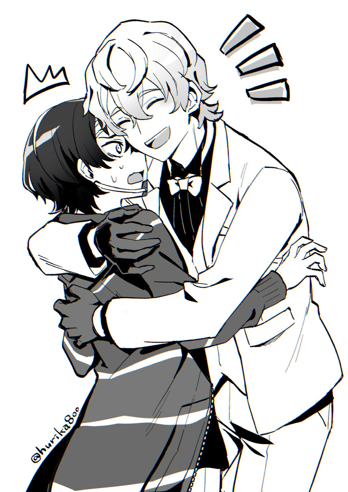 1boy, 1girl, :d, bow, bowtie, commentary, gloves, greyscale