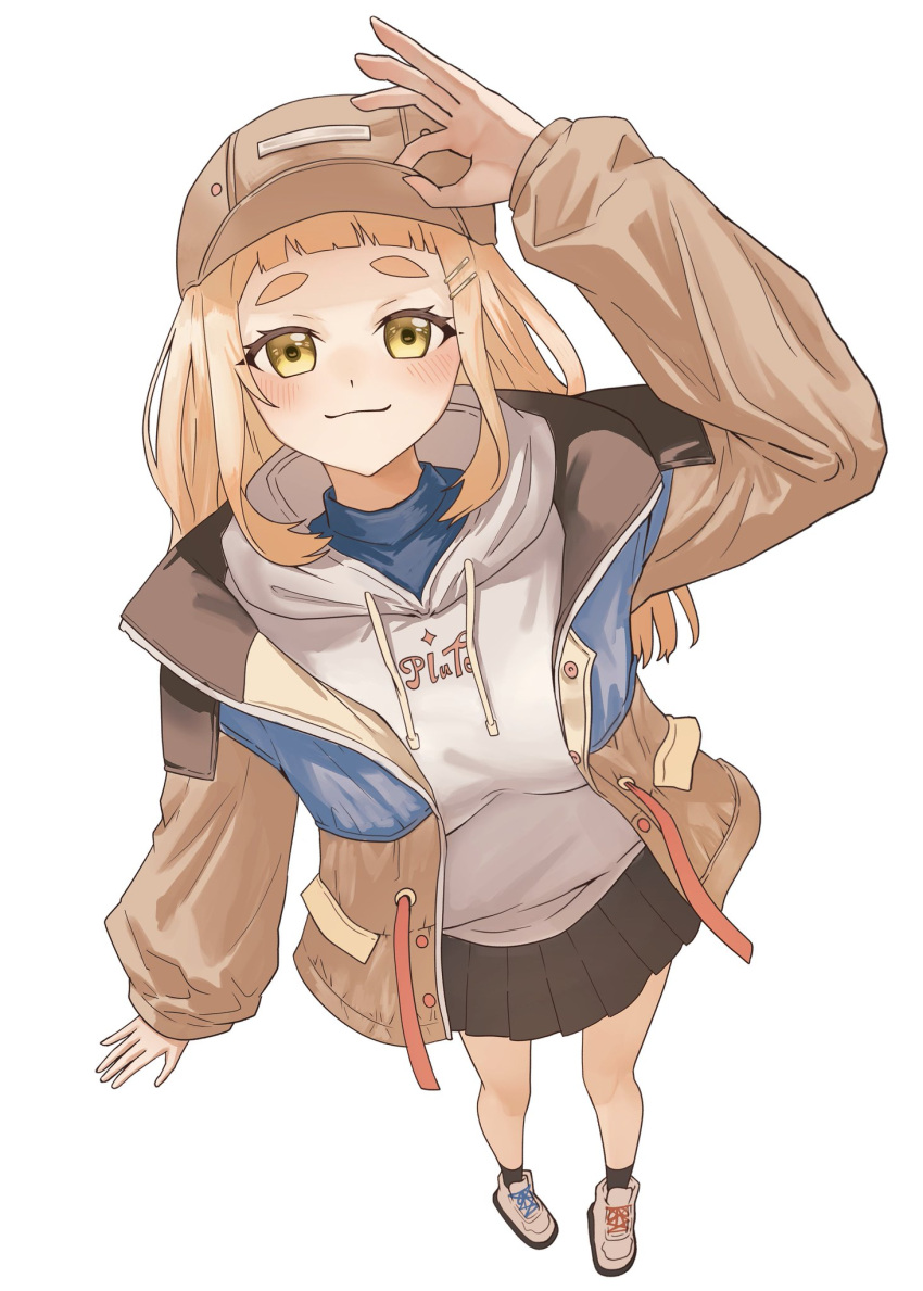 1girl, adjusting_clothes, adjusting_headwear, arm_up, baseball_cap, black_socks, blonde_hair, blush