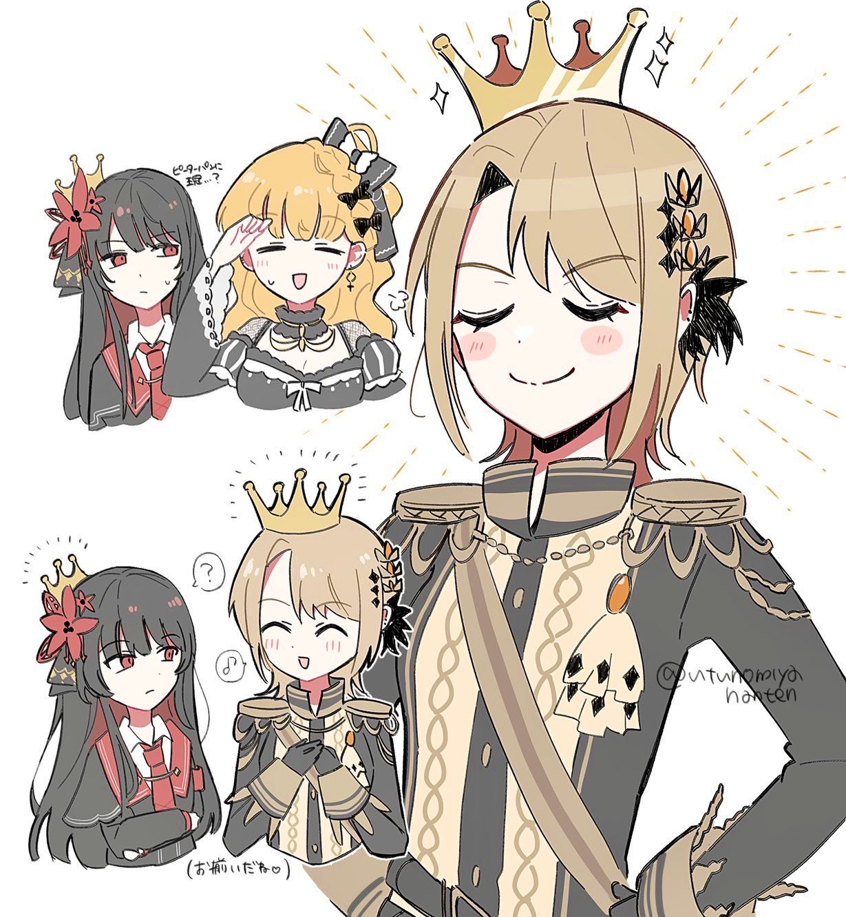3girls, :d, ^_^, black_hair, black_jacket, blonde_hair, closed_eyes, closed_mouth