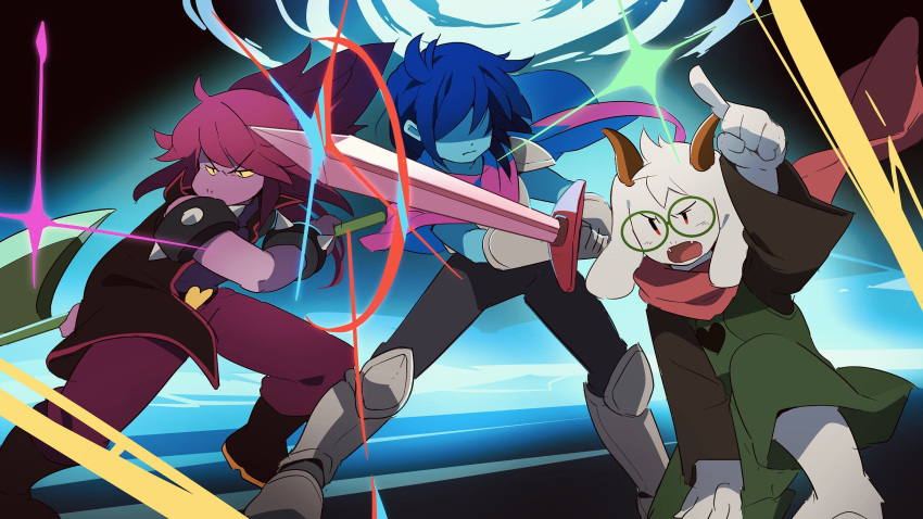 1boy, 1girl, 1other, axe, blue_hair, blue_skin, collar, colored_skin