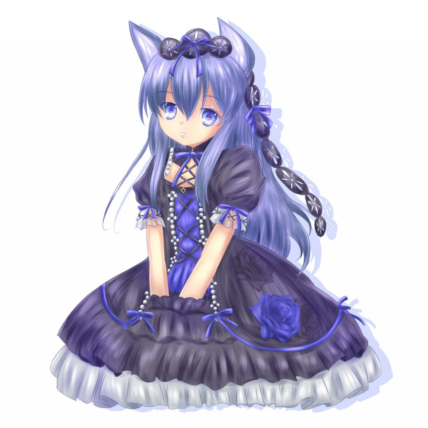 1girl, animal_ears, black_dress, black_gloves, black_hairband, blue_dress, blue_eyes, blue_hair