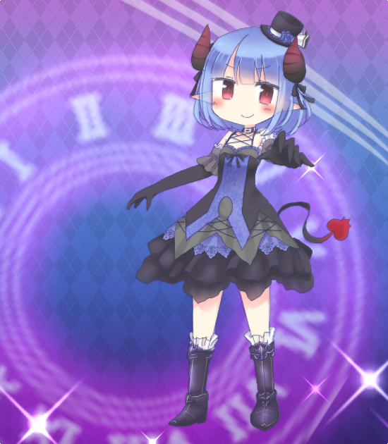 1girl, black_boots, black_dress, black_gloves, black_hat, black_ribbon, blue_dress, blue_hair, boots, breasts, demon_tail, dress, elbow_gloves, emil_chronicle_online, frilled_dress, frills, gloves, hair_ribbon, hat, hat_ribbon, heart, heart_tail, horns, jabberwock_(eco), kuroba_mame, pointy_ears, red_eyes, ribbon, sleeveless, sleeveless_dress, small_breasts, solo, tail, two-tone_dress, white_ribbon
