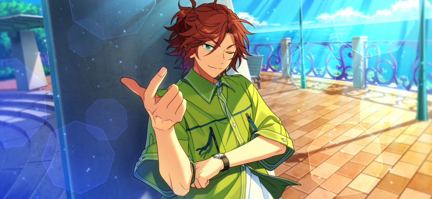 1boy, bench, brown_hair, buttons, clenched_hand, closed_mouth, collared_shirt, dominant_(ensemble_stars!), ensemble_stars!, fingernails, game_cg, green_eyes, hand_up, happy_elements, looking_at_viewer, male_focus, mikejima_madara, ocean, official_art, one_eye_closed, shirt, short_sleeves, smile, solo, split_mouth, stairs, third-party_source, upper_body, watch, watch