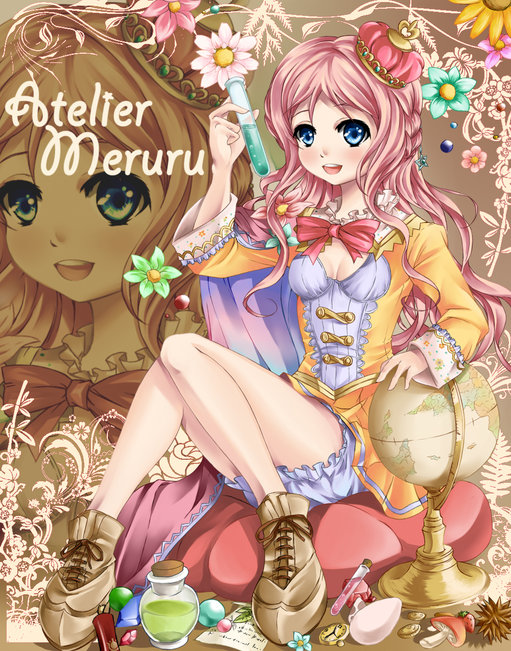 atelier, atelier_(series), atelier_meruru, blue_eyes, blush, bottle, bow, braid
