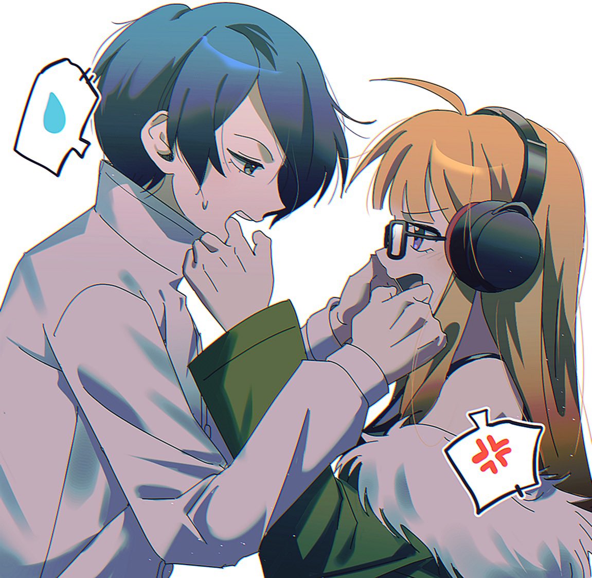 1boy, 1girl, ahoge, anger_vein, black-framed_eyewear, black_tank_top, blue_eyes, blue_hair, blunt_bangs, commentary_request, finger_in_another's_mouth, from_side, fur-trimmed_jacket, fur_trim, glasses, green_jacket, hand_up, hands_on_another's_face, hands_up, headphones, jacket, kitagawa_yuusuke, kkodle2, korean_commentary, kosei_high_school_uniform, long_hair, looking_at_another, off-shoulder_jacket, off_shoulder, open_mouth, orange_hair, persona, persona_5, profile, rectangular_eyewear, sakura_futaba, school_uniform, shirt, short_hair, simple_background, spoken_anger_vein, spoken_sweatdrop, sweatdrop, tank_top, teeth, upper_body, upper_teeth_only, violet_eyes, white_background, white_shirt