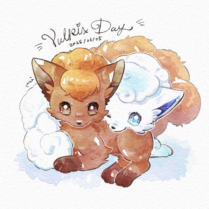 alolan_vulpix, animal_focus, blue_eyes, brown_eyes, check_commentary, commentary_request, dated, fox