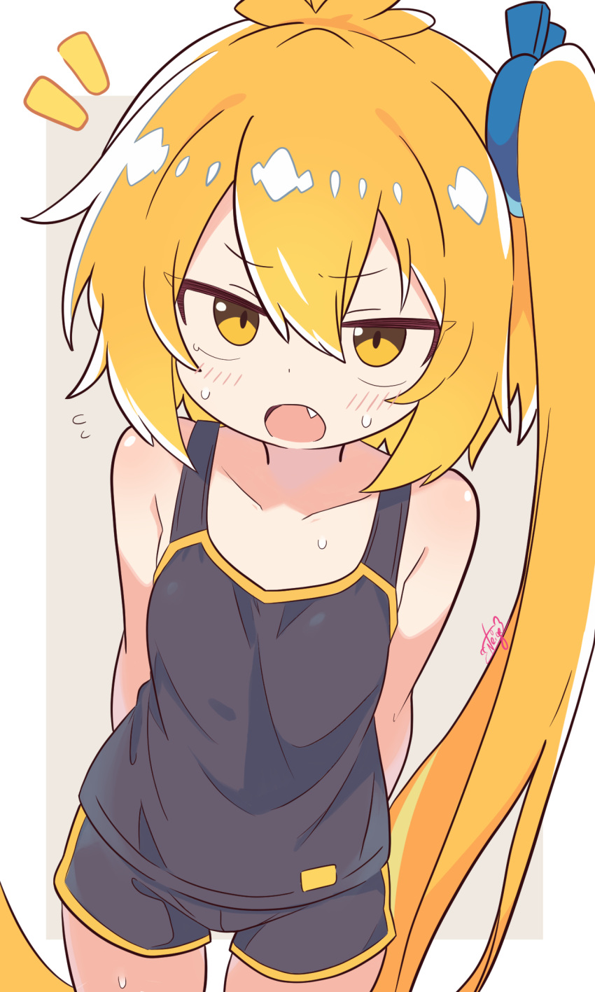 1girl, aged_down, akita_neru, annoyed, arms_behind_back, black_shirt, black_shorts, blonde_hair