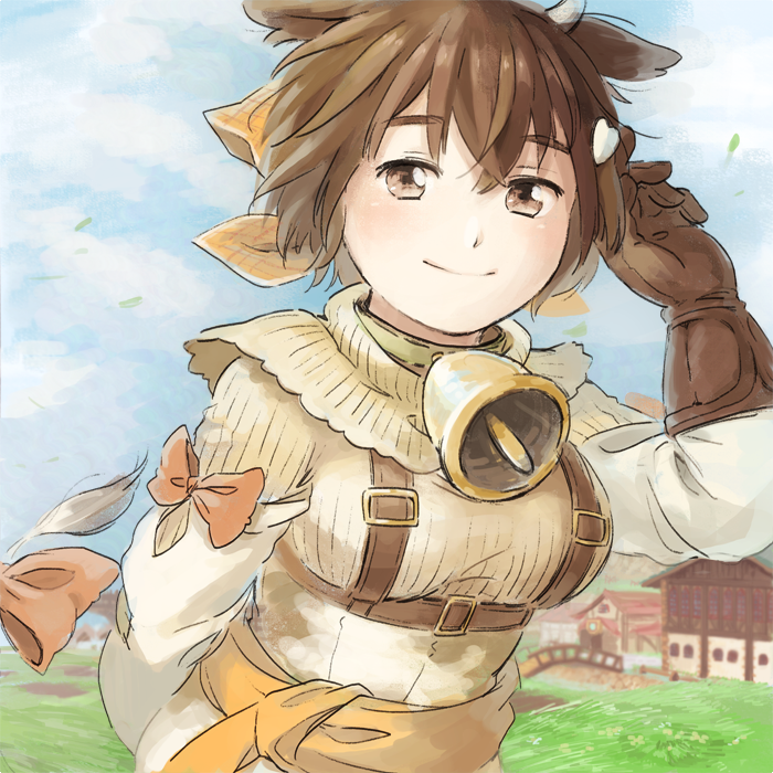 1girl, bandana, bell, belt, blue_sky, breasts, brown_eyes, brown_gloves