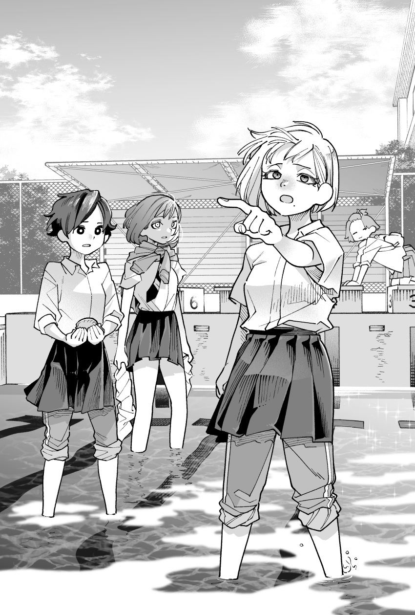 4girls, absurdres, all_fours, arm_at_side, arm_up, backpack, bag, bangs_pinned_back