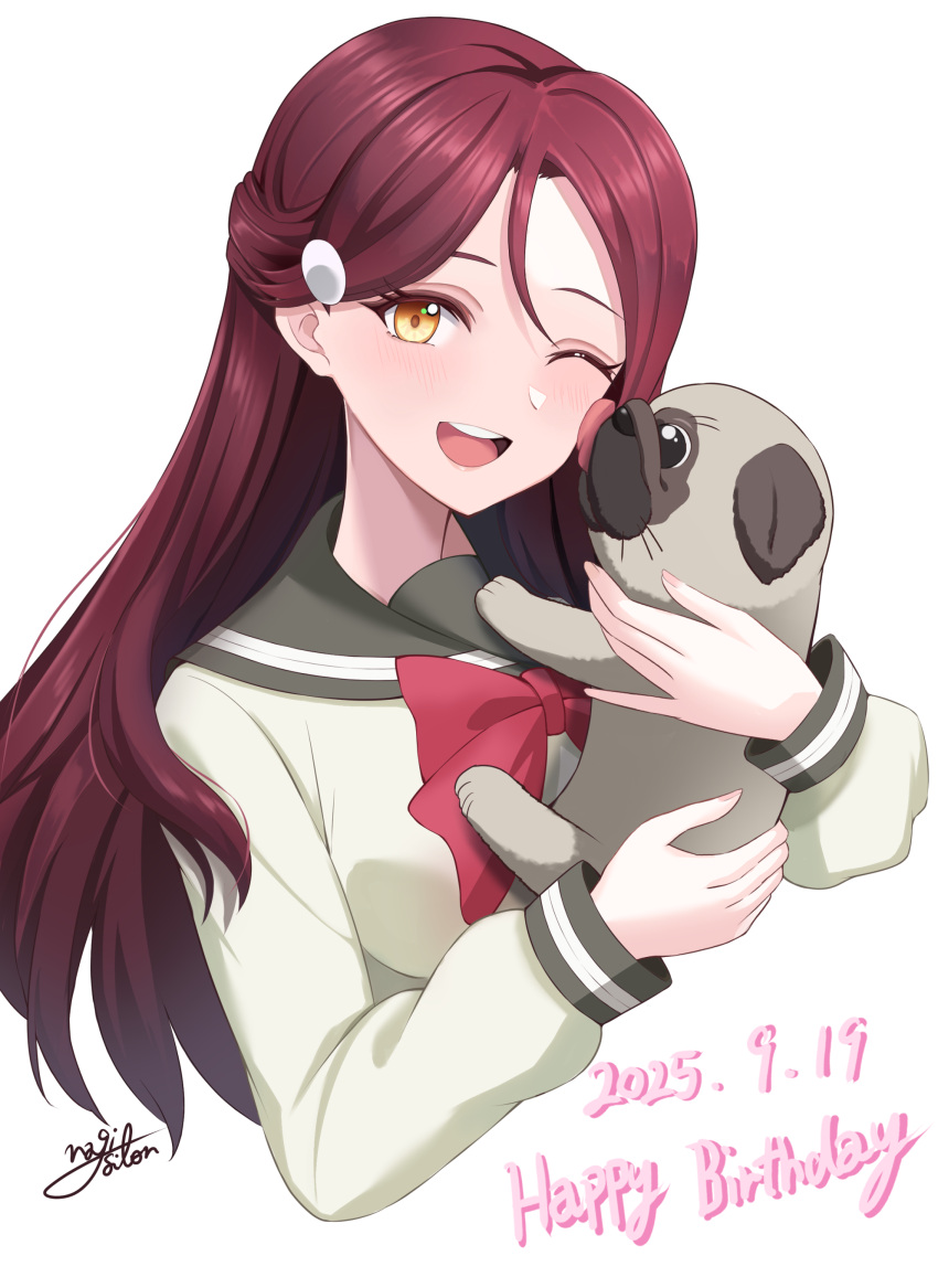 1girl, absurdres, animal_hug, brown_shirt, commentary_request, dated, dog, grey_sailor_collar