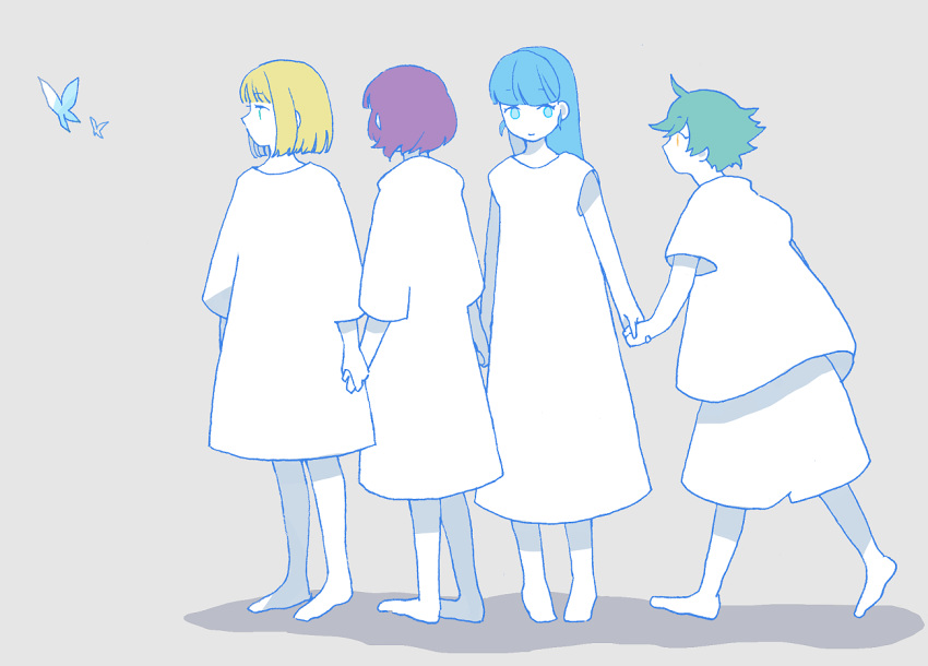 1boy, 3girls, ahoge, another_eden, barefoot, blonde_hair, blue_butterfly, blue_eyes, blue_hair, bob_cut, bug, butterfly, character_request, closed_mouth, commentary_request, dewey_(another_eden), dress, flat_color, green_hair, grey_background, holding_hands, long_hair, looking_at_another, looking_to_the_side, michibata_65, multiple_girls, red_hair, shadow, shirt, short_hair, short_sleeves, shorts, sideways_glance, simple_background, sleeveless, sleeveless_dress, smile, standing, three-quarter_sleeves, turning_head, walking, white_dress, white_shirt, white_shorts, yellow_eyes