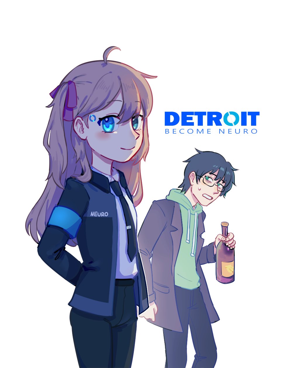 1boy, 1girl, ahoge, android, arms_behind_back, black_hair, black_jacket, black_necktie, black_pants, blue_eyes, blush, bottle, brown_hair, brown_jacket, character_name, closed_mouth, collared_shirt, commentary, connor_(detroit), connor_(detroit)_(cosplay), cosplay, cowboy_shot, detroit:_become_human, english_commentary, english_text, eyelashes, glasses, green_hoodie, hair_ribbon, highres, holding, holding_bottle, hood, hood_down, hoodie, jacket, long_hair, long_sleeves, luanma96, necktie, neuro-sama, open_clothes, open_jacket, pants, ribbon, shirt, short_hair, simple_background, smile, sweatdrop, tie_clip, vedal987, vedal_ai, virtual_youtuber, white_background, white_shirt