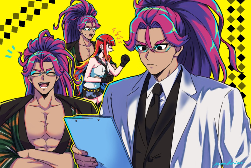 1boy, 1girl, ^_^, abs, ariccha_ari_83, black_gloves, black_jacket, black_shorts, black_vest, clipboard, closed_eyes, collarbone, commentary, crossed_arms, doctor, eyepatch, facing_viewer, glass, gloves, holding, holding_clipboard, jacket, jacket_on_shoulders, japanese_clothes, kimono, long_hair, looking_at_another, looking_at_object, manji_fushicho, multiple_views, notice_lines, pectorals, pink_hair, ponytail, shirt, shorts, shout_lines, shuten_order, sleeveless, sleeveless_shirt, sweatdrop, vest, white_jacket, white_shirt, yellow_background, yugen_ushitora