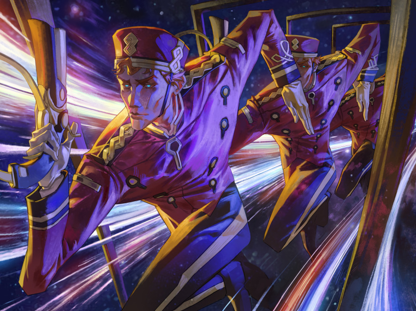 1boy, buttons, deadlock_(game), door, doorman_(deadlock), double-breasted, expressionless, gun, hieumay, highres, holding, holding_gun, holding_weapon, male_focus, multiple_persona, portal_(object), running, solo, weapon, white_eyes