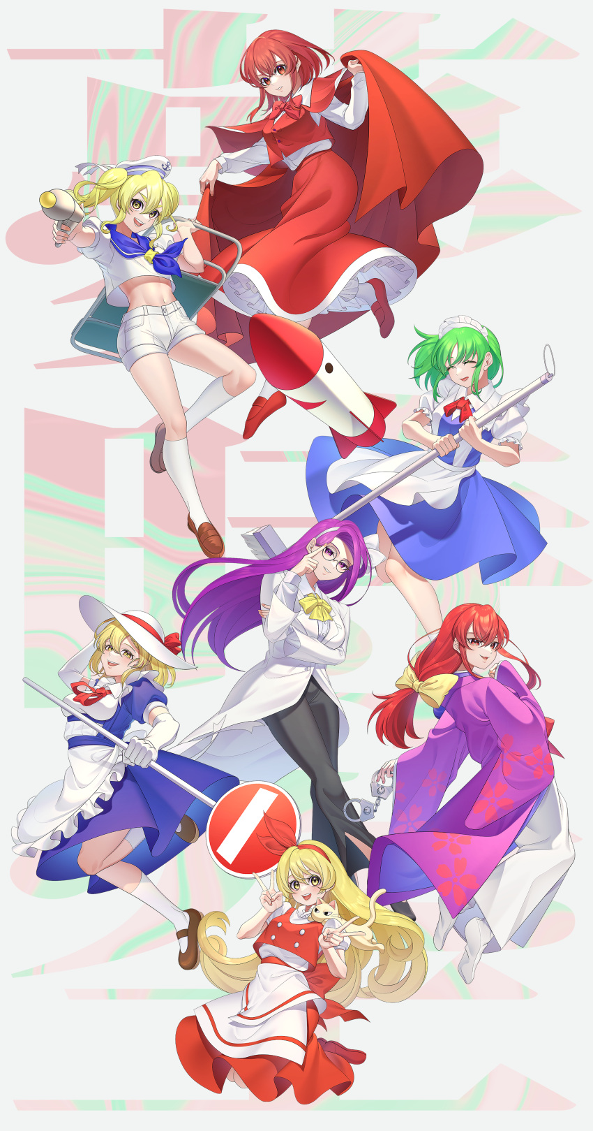 6+girls, absurdres, animal_on_shoulder, apron, asakura_rikako, ascot, black_pants, black_shoes
