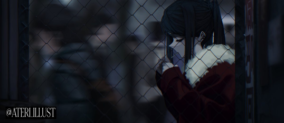 1girl, artist_name, ateri_illust, blurry, blurry_background, cigarette, city, crowd
