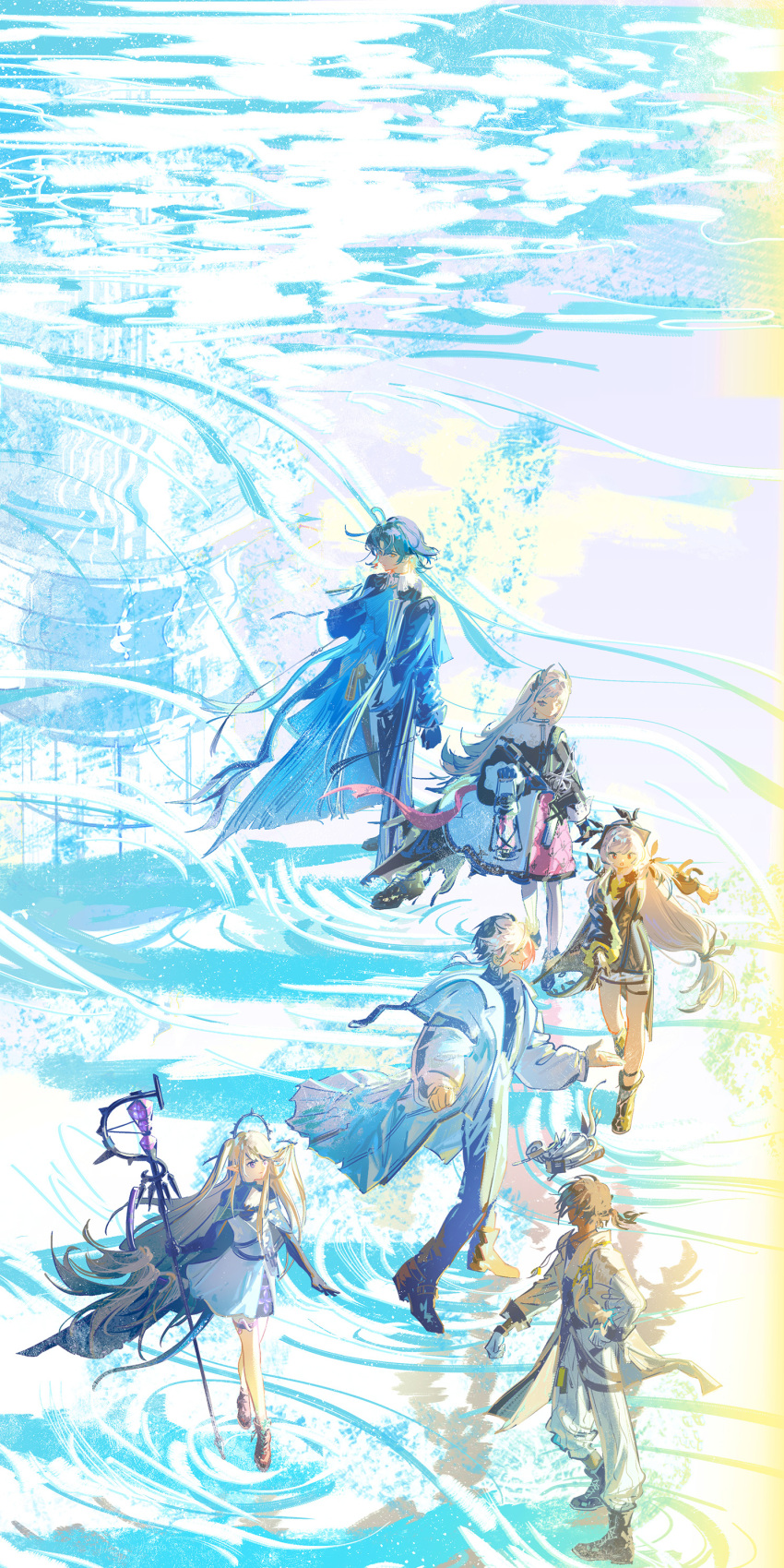 3boys, 3girls, absurdres, arknights, black_hair, blonde_hair, blue_hair, boots