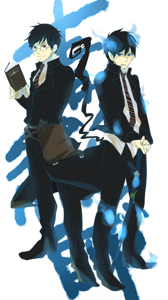 exorcist, glasses, katana, okumura_rin, okumura_yukio, school_uniform, sword, weapon
