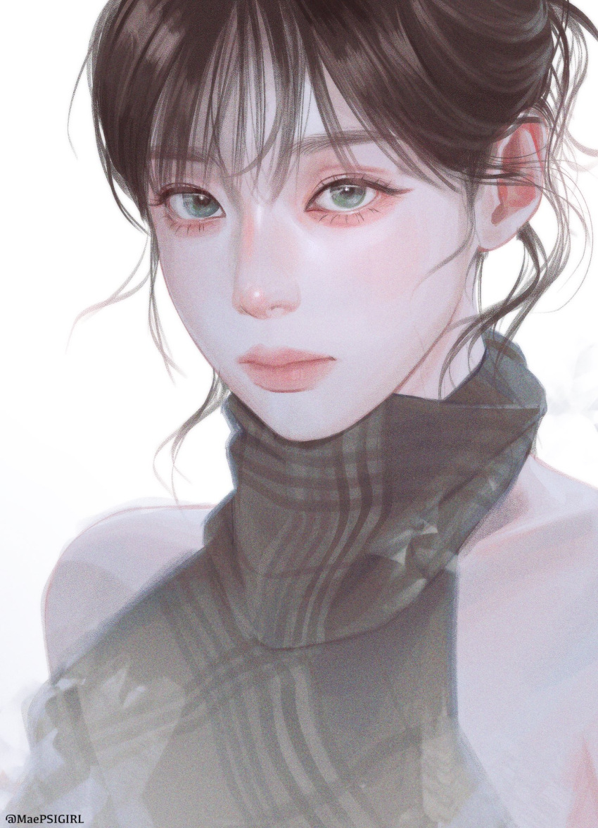 1girl, aespa, black_eyeliner, brown_hair, closed_mouth, eyeliner, eyeshadow, hair_bun