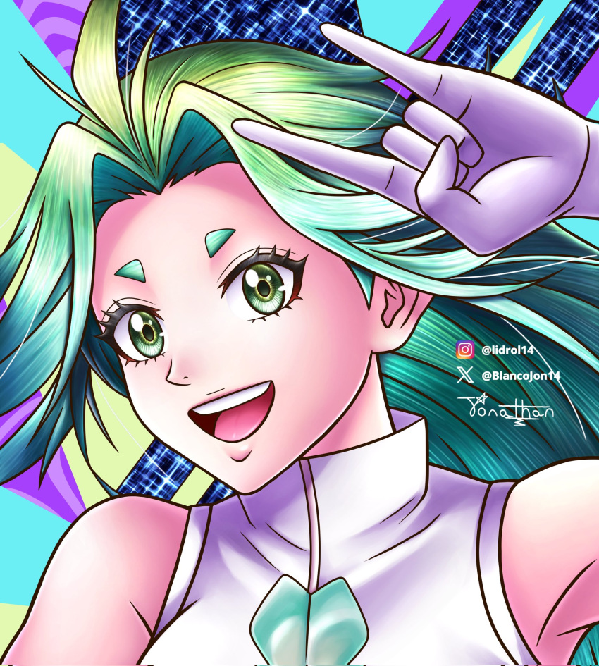 1girl, aqua_hair, blancojon14, collar, colorful_background, gloves, green_eyes, highres