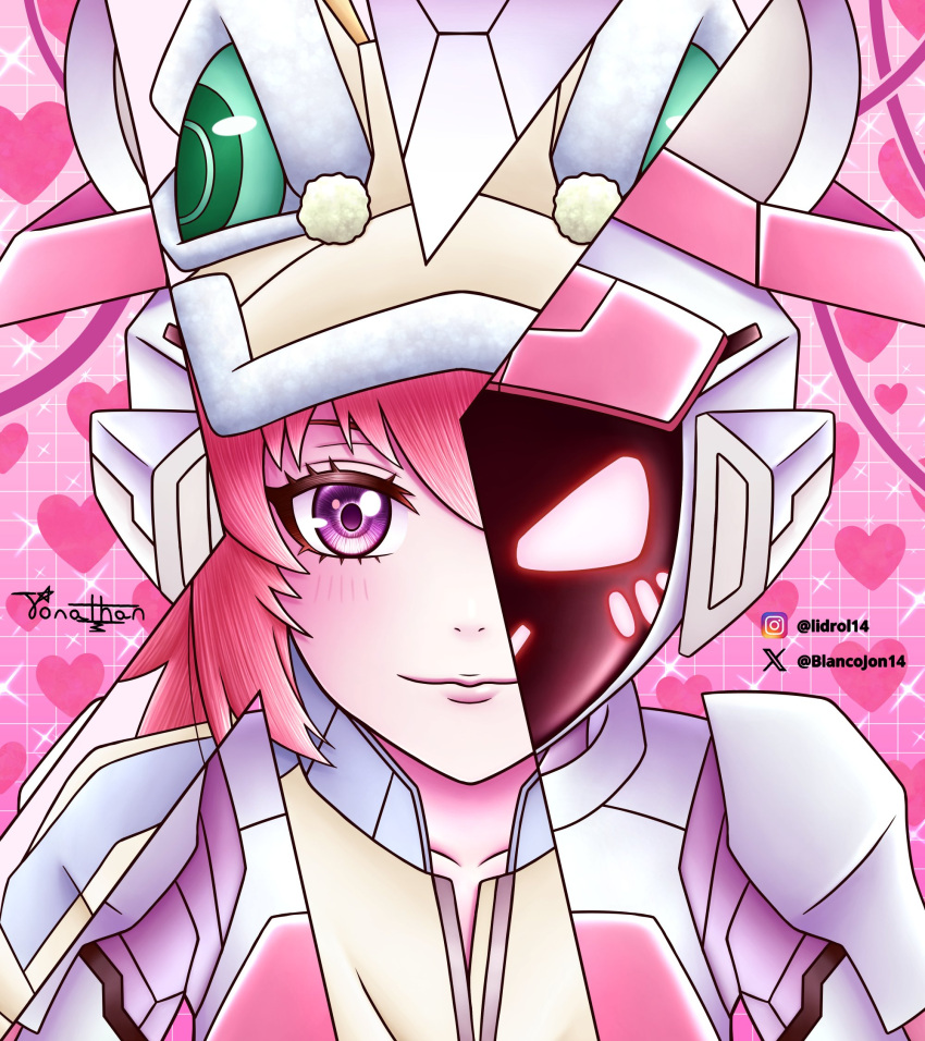 1girl, armor, blancojon14, hat, heart, heart_background, helmet, highres