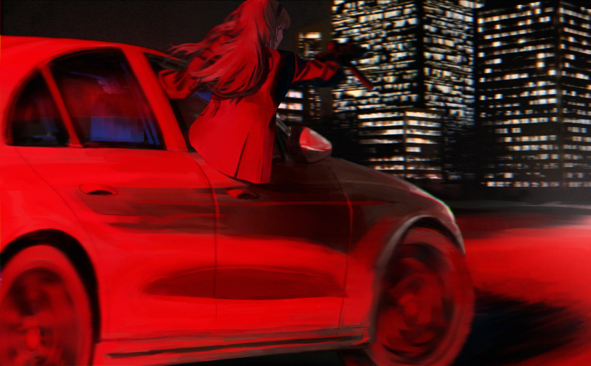 1girl, an-94_(girls'_frontline), bmw, car, city_lights, cityscape, from_behind, girls_frontline
