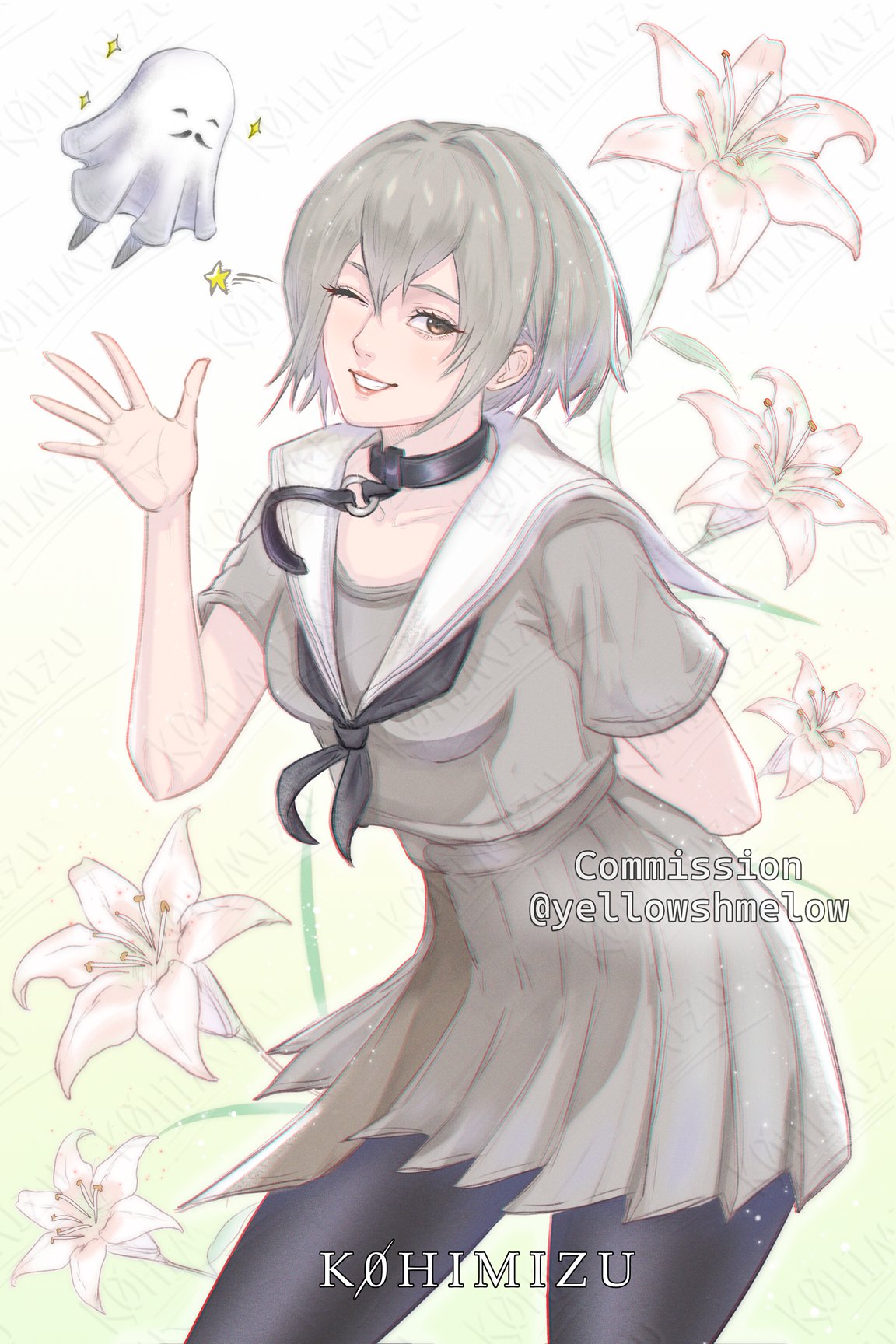 1girl, akagi_hina, arm_behind_back, artist_name, black_collar, black_neckerchief, black_pantyhose, collar