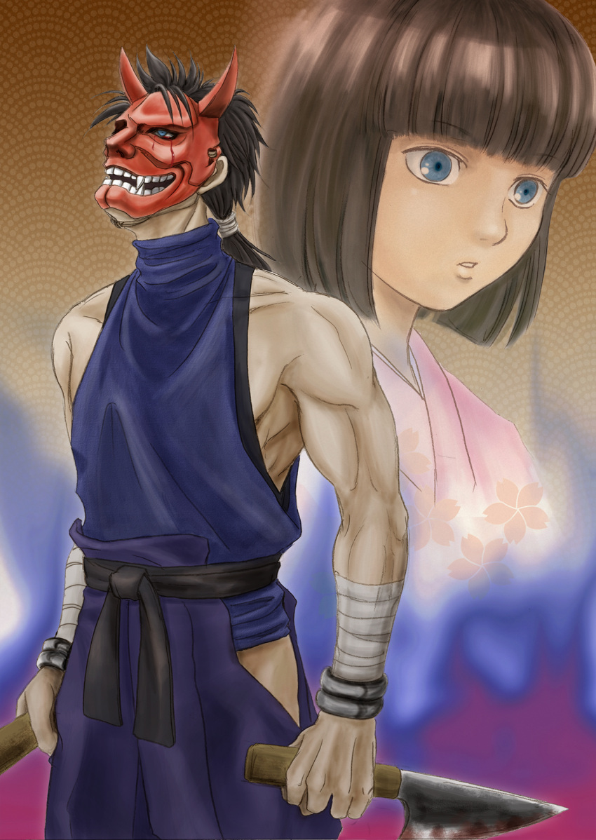 1boy, 1girl, bare_shoulders, black_hair, blue_eyes, bob_cut, commentary_request, dual_wielding