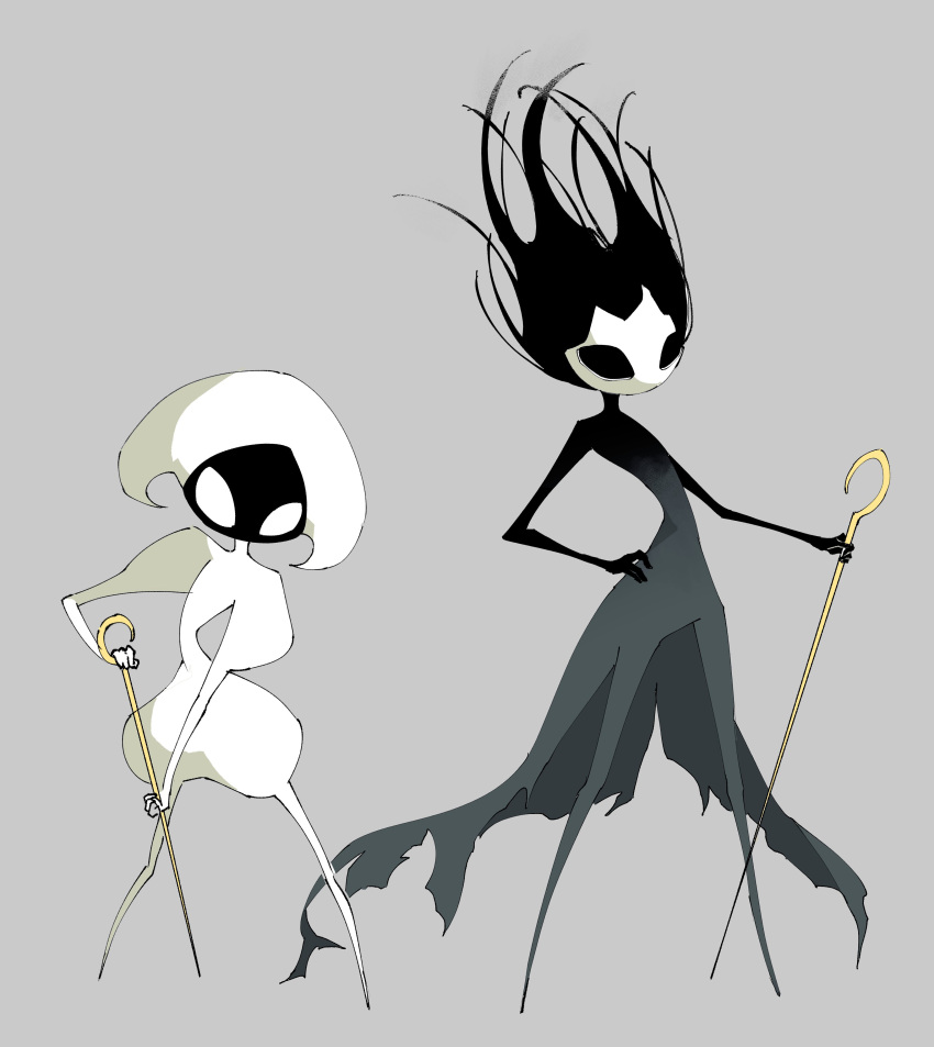 1girl, 1other, absurdres, arthropod_girl, black_eyes, black_hair, colored_skin, floating_hair, grey_background, hand_on_own_hip, highres, holding, holding_weapon, hollow_eyes, hollow_knight, hollow_knight:_silksong, lace_(hollow_knight), phantom_(hollow_knight), pin_(hollow_knight), sema_beza, simple_background, standing, weapon, white_eyes, white_skin