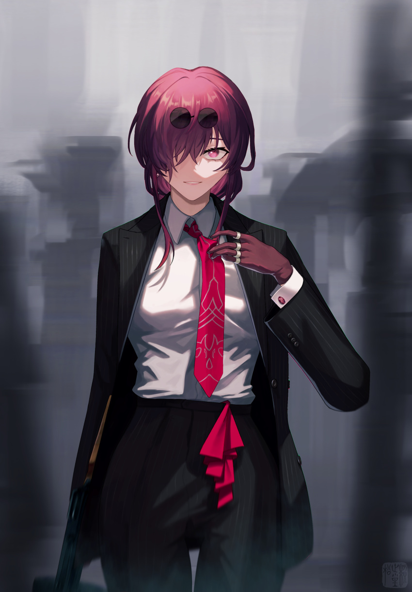 1girl, absurdres, adjusting_clothes, adjusting_necktie, black_pants, blurry, blurry_background, collared_shirt
