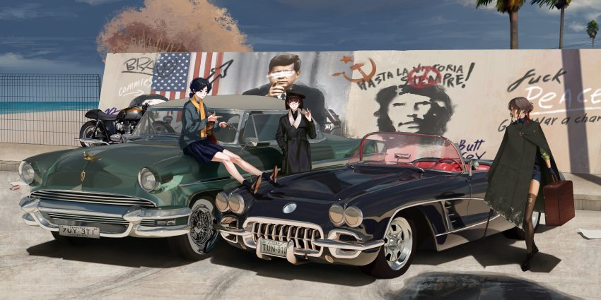 3girls, absurdres, america, american_flag, beach, black_cloak, black_hair, black_shoes, blue_socks, car, che_guevara, chevrolet, chevrolet_corvette, chevrolet_corvette_c1, cigarette, cloak, cold_war, communism, fence, glasses, graffiti, gun, hair_bun, hammer_and_sickle, hand_in_pocket, highres, holding, holding_cigarette, john_f._kennedy, k0ushou, motor_vehicle, motorcycle, multiple_girls, ocean, on_car, original, palm_tree, pleated_skirt, profanity, revolver, shoes, sitting, skirt, socks, suitcase, thigh-highs, torn_clothes, torn_thighhighs, tree, vehicle_request, water, weapon