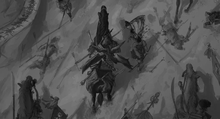 1girl, absurdres, armor, battle, blood, corpse, decapitation, from_above