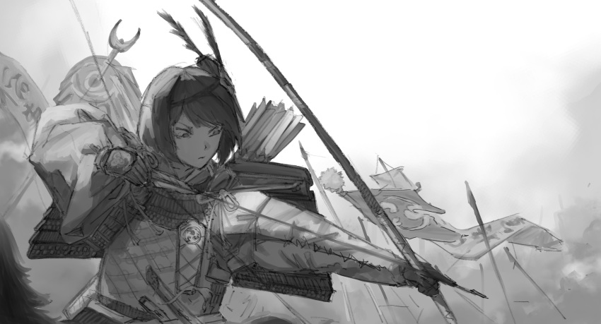 1girl, absurdres, aiming, armor, banner, battle, bow_(weapon), drawing_bow