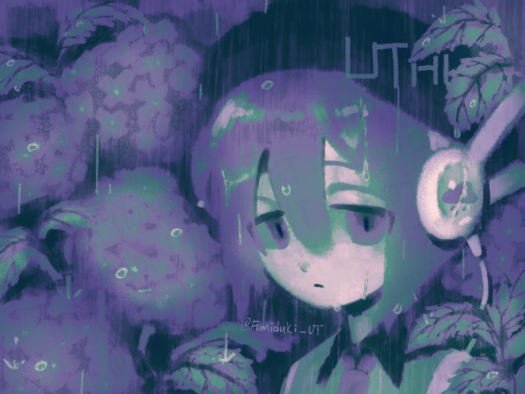 1girl, beret, black_hat, closed_mouth, collared_shirt, copyright_name, expressionless, floral_background, flower, frown, fumizuki_fumi, half-closed_eyes, hat, headphones, hydrangea, leaf, looking_at_viewer, necktie, outdoors, portrait, purple_flower, purple_necktie, purple_theme, rain, shirt, short_hair, solo, tareme, twitter_username, utane_uta, utau, violet_eyes