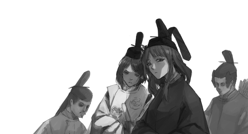 2boys, 2girls, absurdres, genshin_impact, greyscale, hat, highres, japanese_clothes