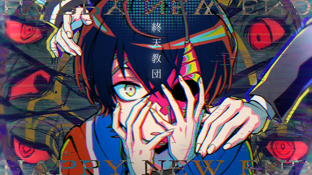 4boys, 4girls, black_hair, black_shirt, character_background, commentary_request, covering_face, english_text